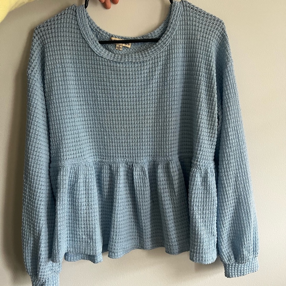 Sky Blue Waffle Knit Peplum Blouse